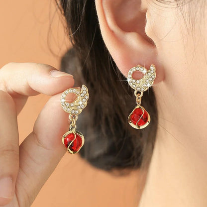 Red Simulated Pearl Drop, Crystal Swan Design