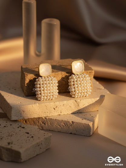 Ethonica Pearl Cluster Square Drop Stud Earrings, Gold Plated, Simulated Pearl