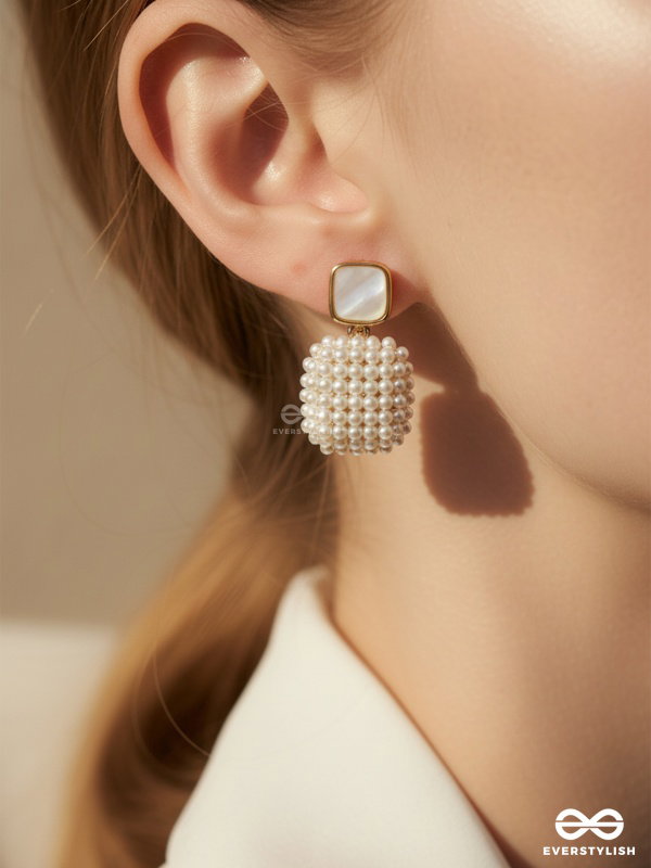 Ethonica Pearl Cluster Square Drop Stud Earrings, Gold Plated, Simulated Pearl