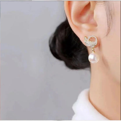 Pearl Drop Earring, Gold-Tone Wing Design with Crystal