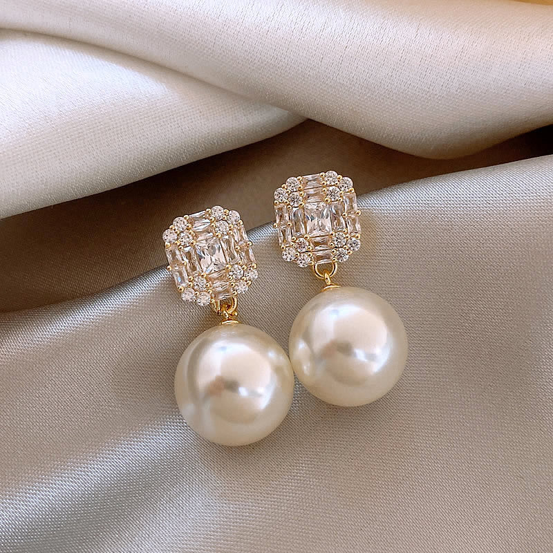 Pearl Earrings with Crystal Cubic Zirconia Square Stud Top