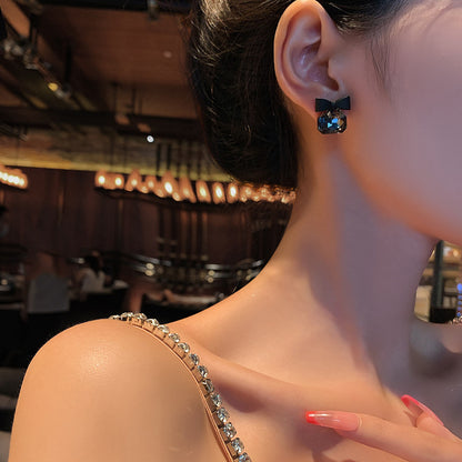 Ethonica Bow Stud Earrings, Black Crystal with Bow Design