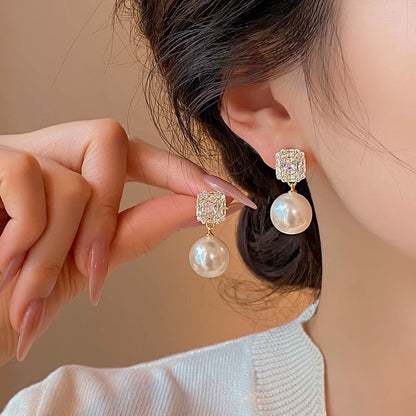 Pearl Earrings with Crystal Cubic Zirconia Square Stud Top