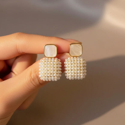 Ethonica Pearl Cluster Square Drop Stud Earrings, Gold Plated, Simulated Pearl
