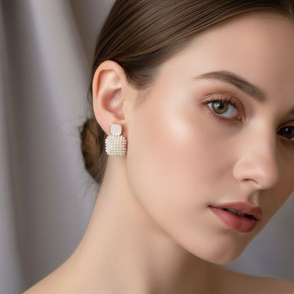 Ethonica Pearl Cluster Square Drop Stud Earrings, Gold Plated, Simulated Pearl