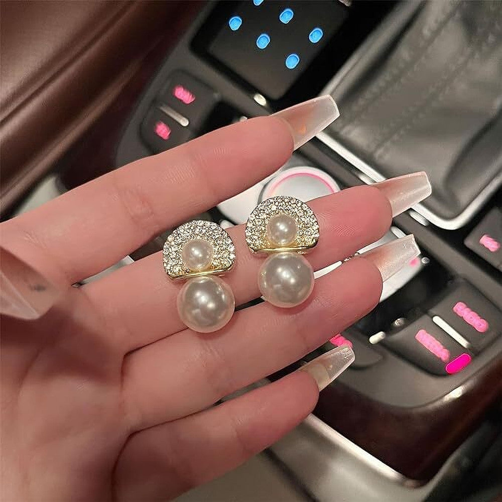 Ethonica Pearl Drop Earring with Crystal Pave Half-Moon Top