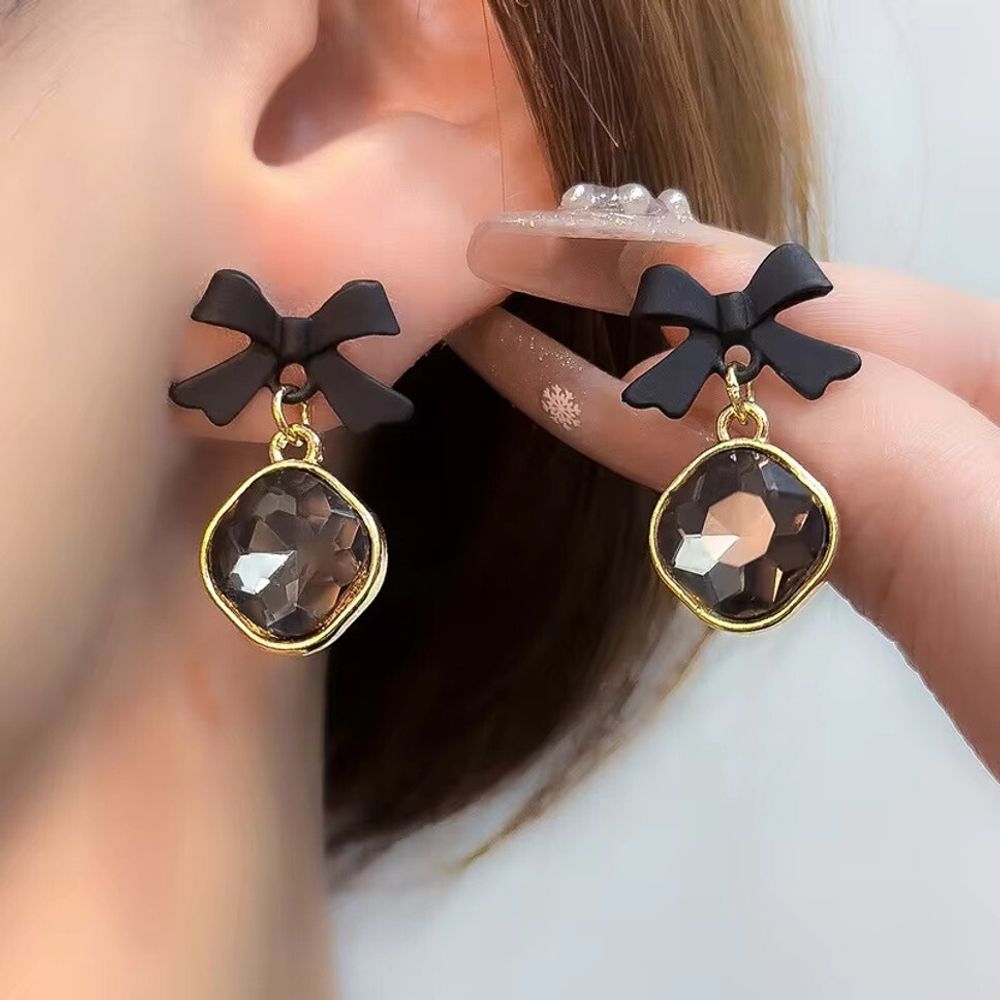 Bow Stud Drop Earring, Black Crystal