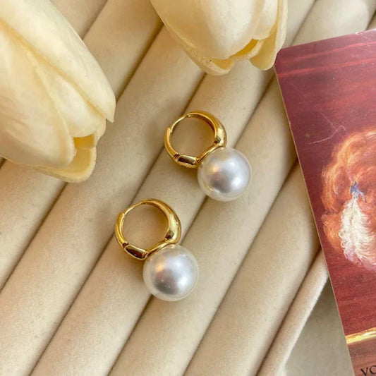 Ethonica Pearl Drop Hoop Earrings, Gold Plated, Round Simulated Pearl