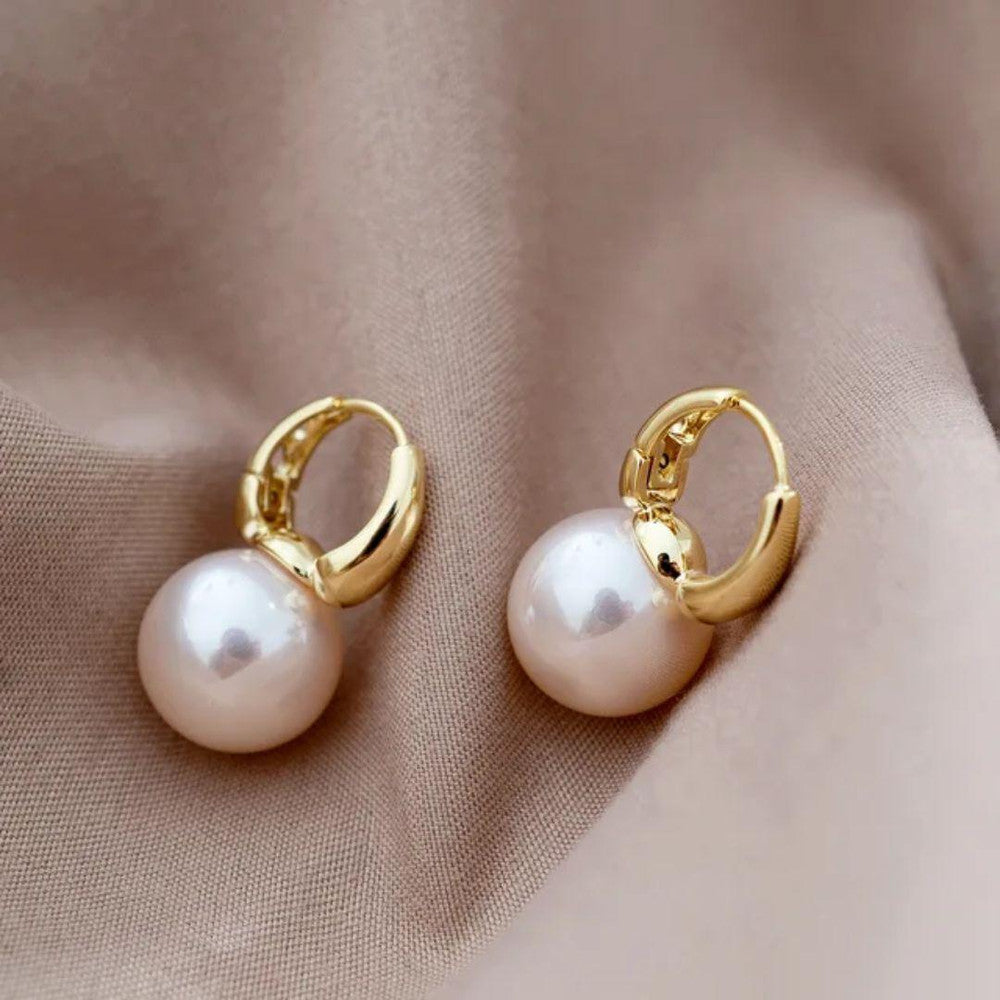 Ethonica Pearl Drop Hoop Earrings, Gold Plated