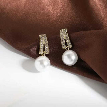 Ethonica Gold Plated Pearl Drop Earrings with Pavé Crystal Rhinestone Bar, Simulated Round White Pearl, Stud Post Closure
