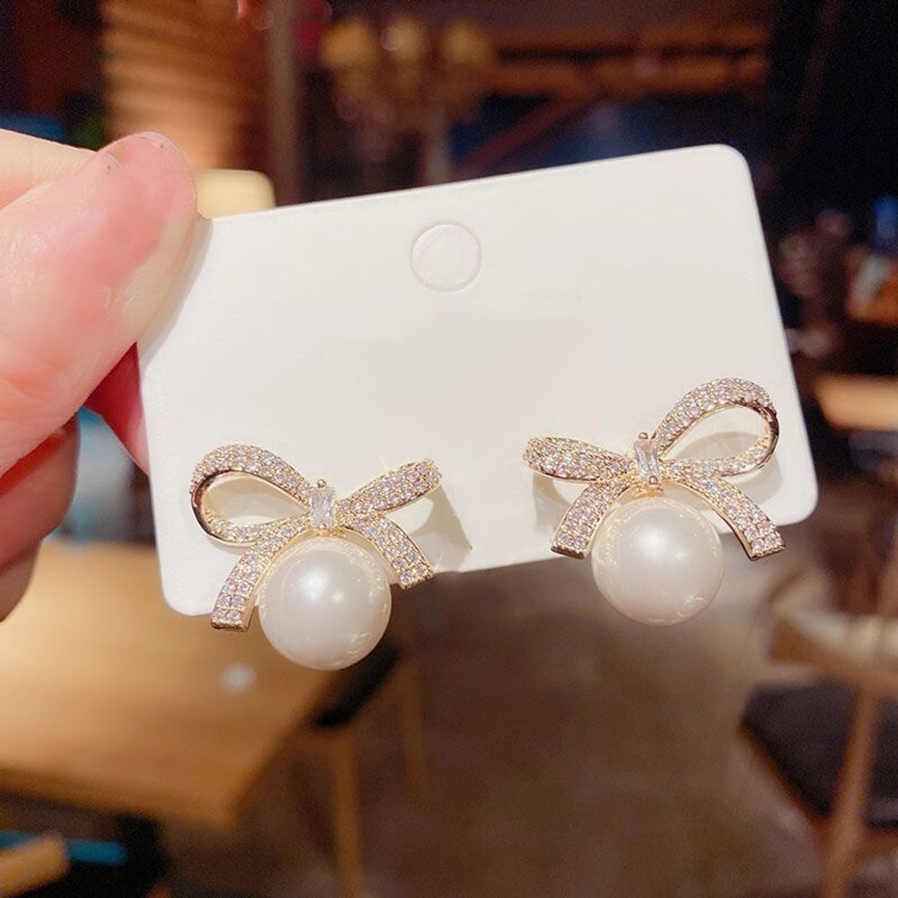 Crystal Rhinestone Bow Stud Earring with Pearl Drop
