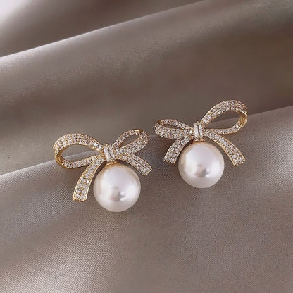 Crystal Rhinestone Bow Stud Earring with Pearl Drop