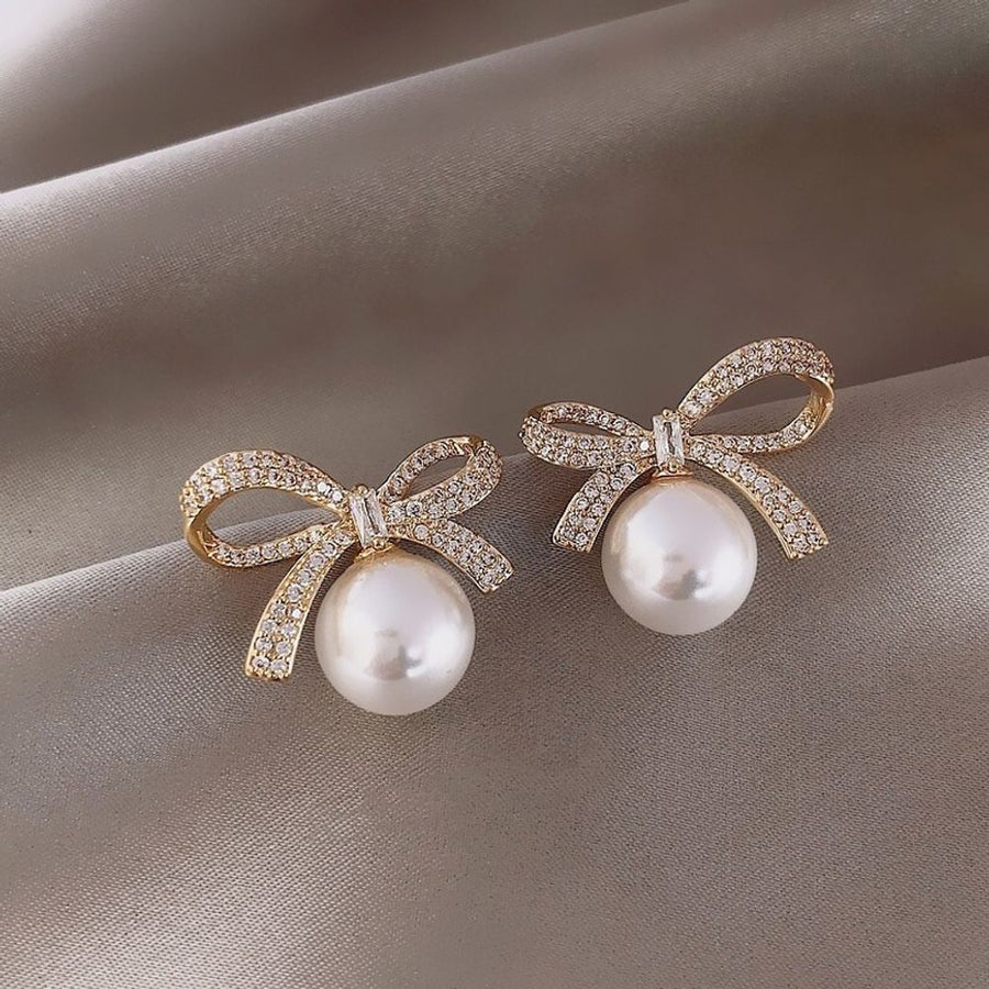 Crystal Rhinestone Bow Stud Earring with Pearl Drop