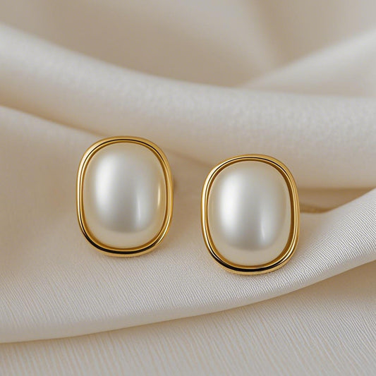 Rectangular Pearl Stud Earrings, White and Gold Tone, Elegant Vintage Style
