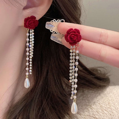 Red Velvet Rose Tassel Drop Earrings with Pearl
