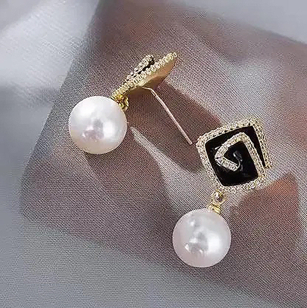 Ethonica Pearl Earrings with Black Enamel Square Top