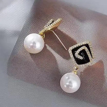 Ethonica Pearl Earrings with Black Enamel Square Top