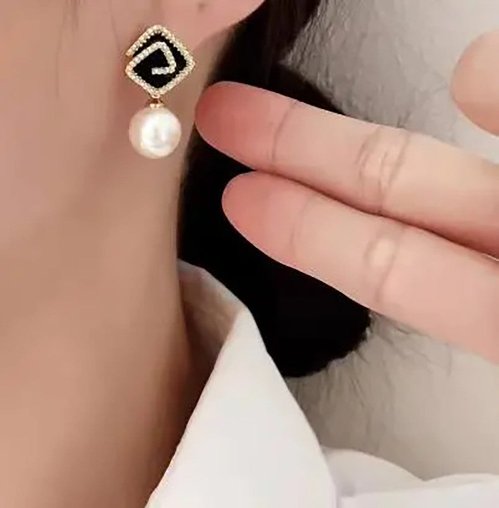 Ethonica Pearl Earrings with Black Enamel Square Top