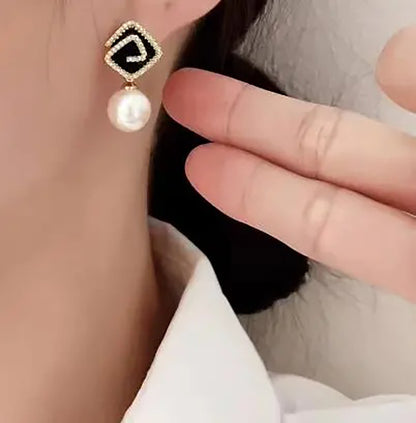 Ethonica Pearl Earrings with Black Enamel Square Top
