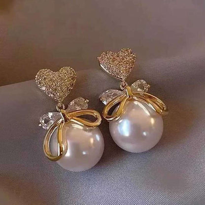 Pearl Earring with Crystal Bow and Heart Stud