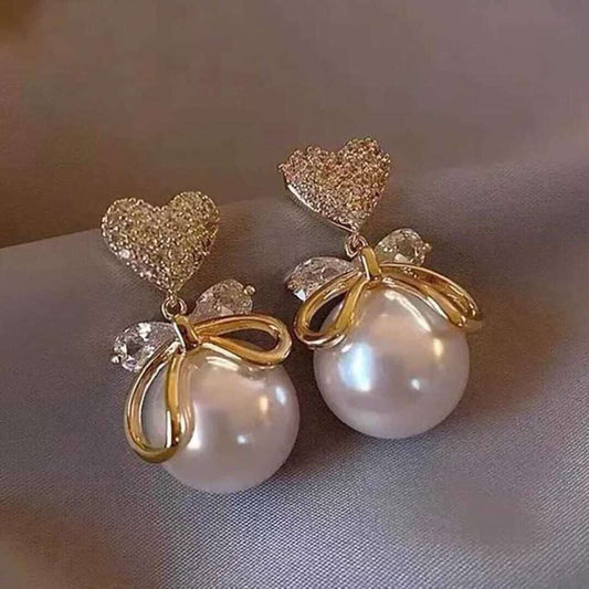 Pearl Earring with Crystal Bow and Heart Stud