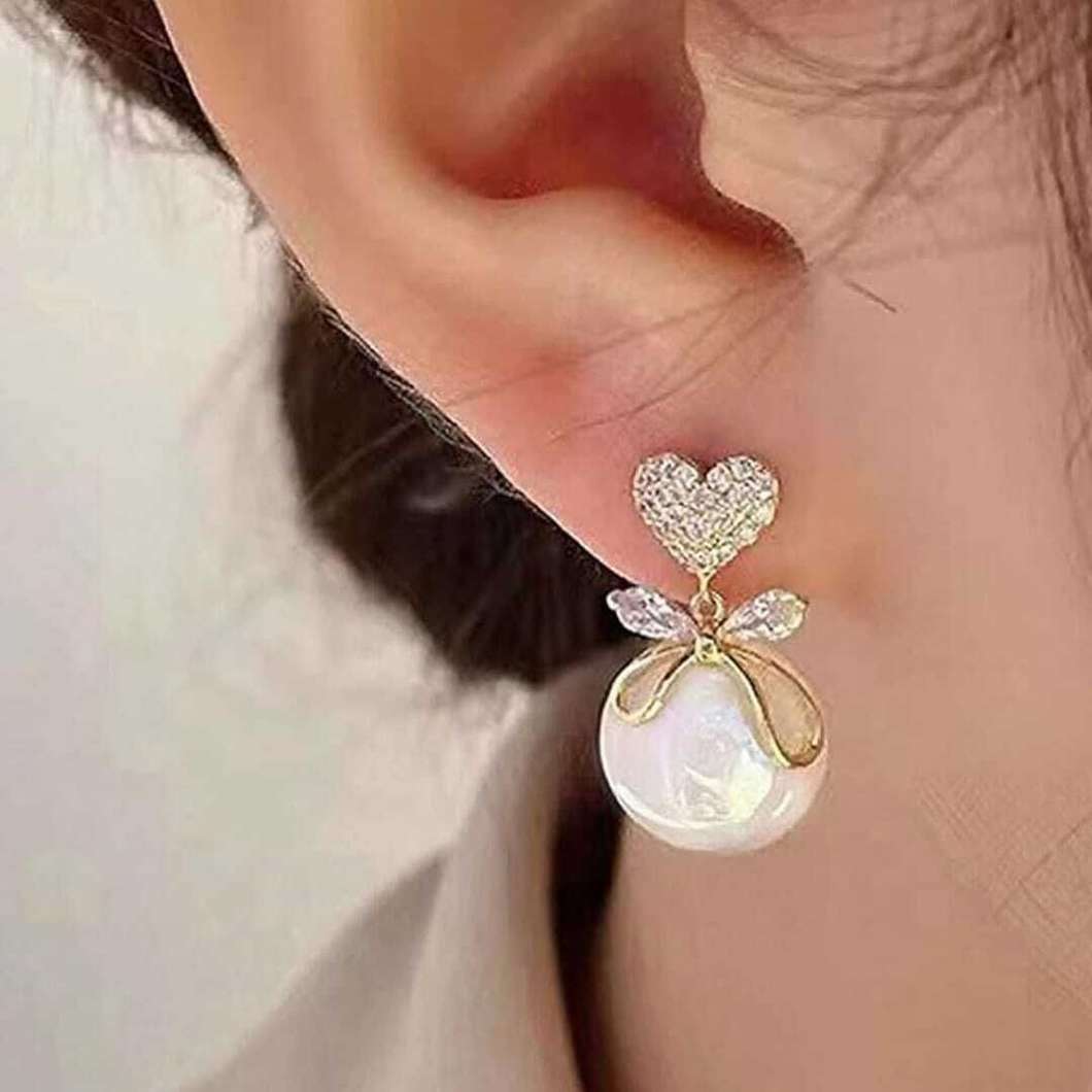 Pearl Earring with Crystal Bow and Heart Stud