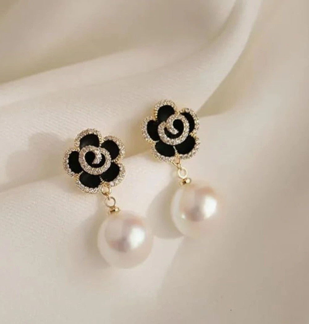 Ethonica black Camellia Flower Crystal Stud Drop Earring with Pearl Pendant, Gold Tone