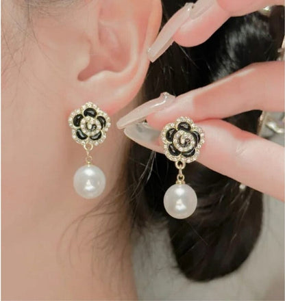 Ethonica black Camellia Flower Crystal Stud Drop Earring with Pearl Pendant, Gold Tone