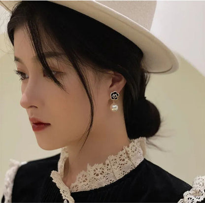 Ethonica black Camellia Flower Crystal Stud Drop Earring with Pearl Pendant, Gold Tone