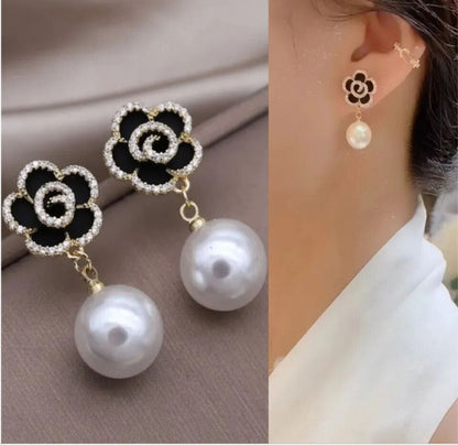 Ethonica black Camellia Flower Crystal Stud Drop Earring with Pearl Pendant, Gold Tone