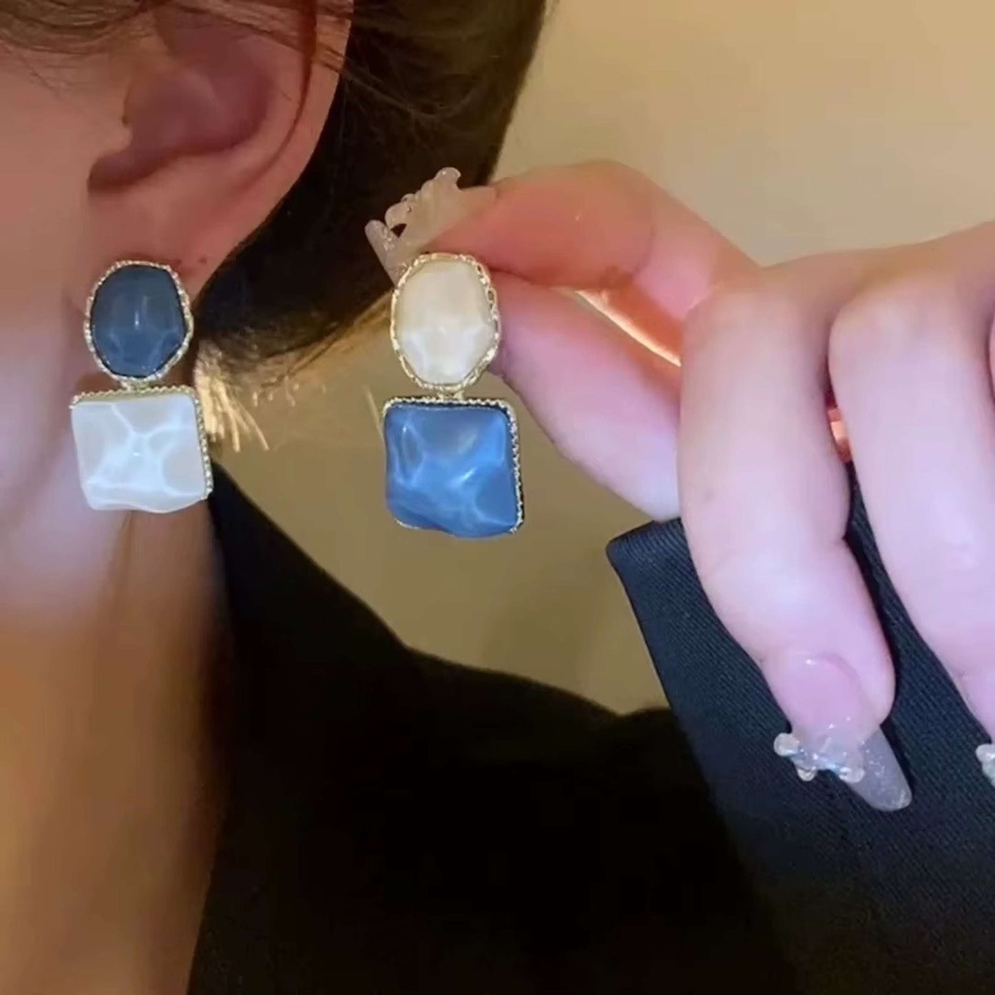 Blue and White Marble Texture Drop Earrings