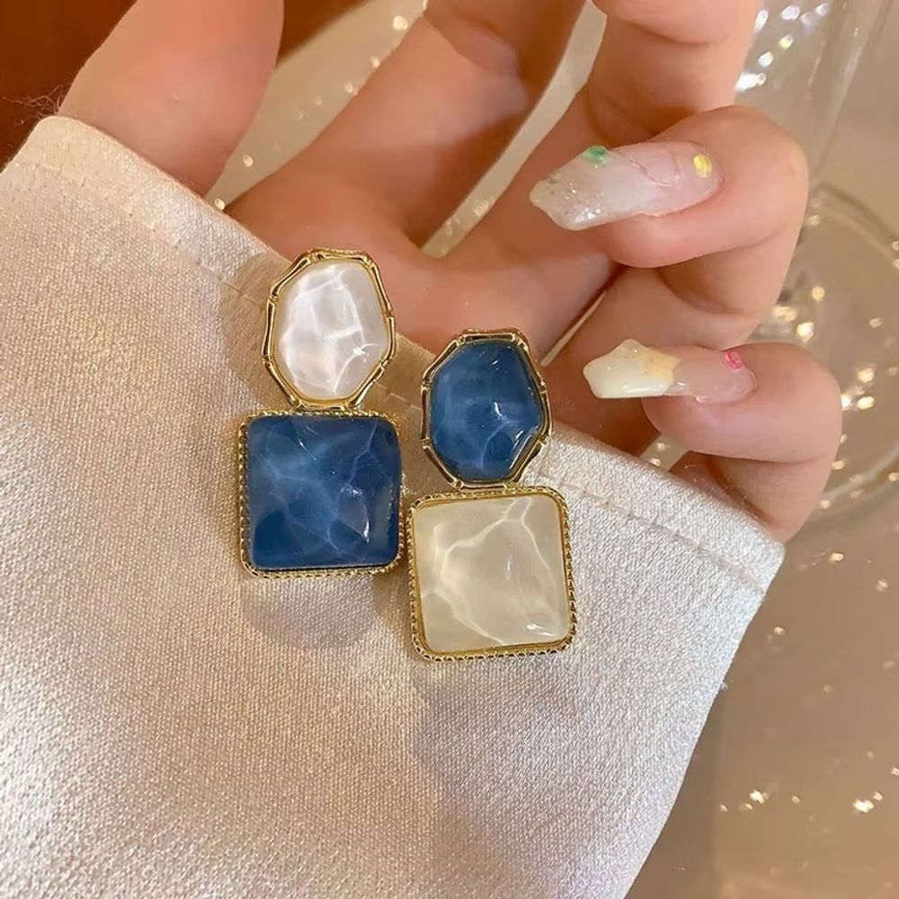 Blue and White Marble Texture Drop Earrings