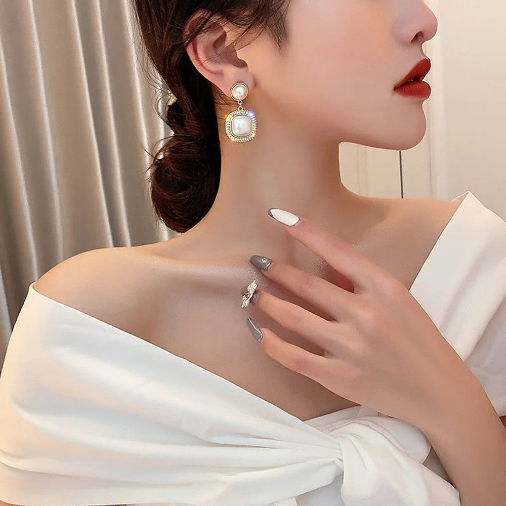 Ethonica Pearl Drop Earrings with Crystal Rhinestone Halo, Gold-Tone Square Pendant Dangle Stud Earrings for Women