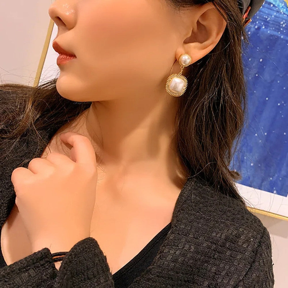 Ethonica Pearl Drop Earrings with Crystal Rhinestone Halo, Gold-Tone Square Pendant Dangle Stud Earrings for Women