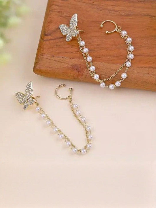 Butterfly Stud with Pearl Beaded Chain Ear Cuff