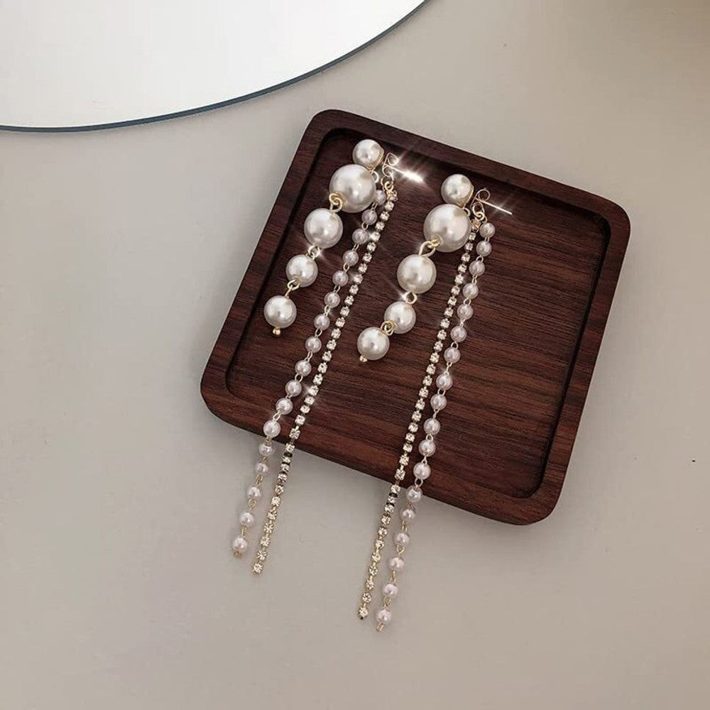 Long Pearl Earrings with Crystal Tassel Chain