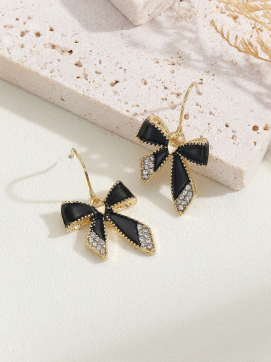 Black Enamel Bow Drop Earrings with Crystal Rhinestone