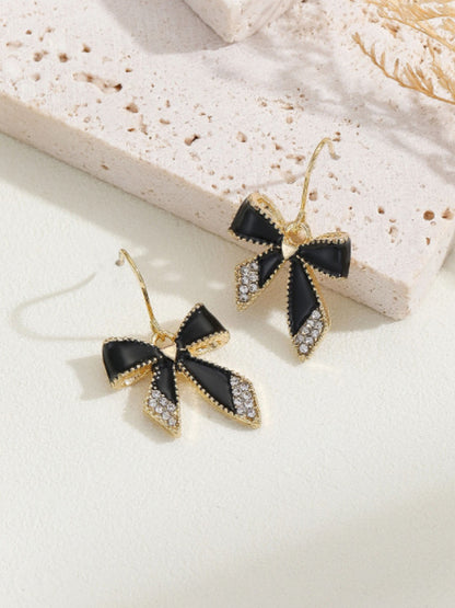 Black Enamel Bow Drop Earrings with Crystal Rhinestone