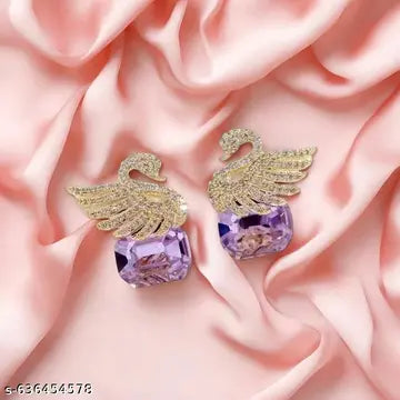 Ethonica Swan Stud Earrings with Purple Crystal Gemstone, Gold-Tone Pavé Rhinestone Wings.