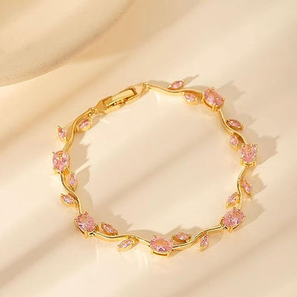 Elegant 18K gold plated bracelet with pink gemstones, showcasing anti tarnish jewelry design for everyday wear.