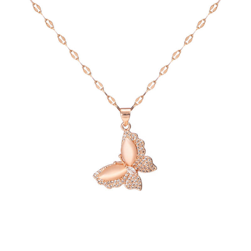 18k Gold Plated Non Tarnish Zircon Diamond Opal Butterfly necklace pendant