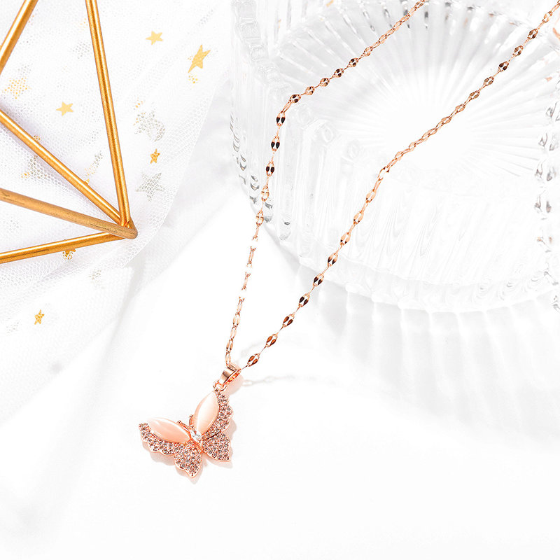 18k Gold Plated Non Tarnish Zircon Diamond Opal Butterfly necklace pendant